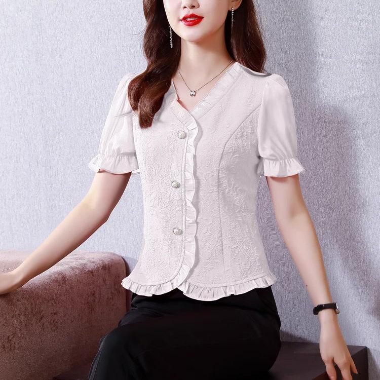 V-neck Bubble Sleeve Chiffon Shirt for Women's Summer Design Wood Ear Versatile Short Sleeved Shirt