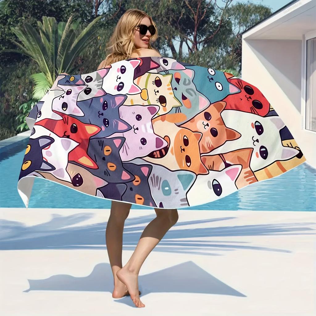Cat 1pc Cat Cute Cartoon Pattern Beach Towel, Large Soft Absorbent Sun Protection Lightweight Towel for Beach Shower Swimming