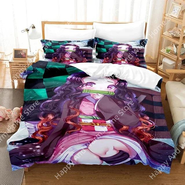 Anime Demon Slayer Beding Set Nezuko Kamado Soft Duvet Cover Warm Comforter Bed Linen Single Twin Ful Quen Sized Dimensions 3d Girl Young Boys Gift