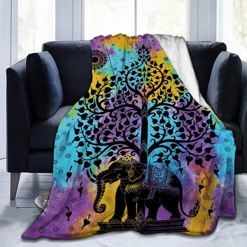 Mandala Elephant Themed Blanket Indian Style Flannel Blanket Bedroom Decorative Blanket Nap Blanket