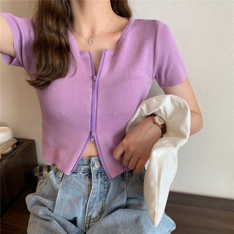Pletené tričko s krátkým rukávem, dámské léto, bílé, dvojitý zip, tenký kardigan slim fit triko, krátký top