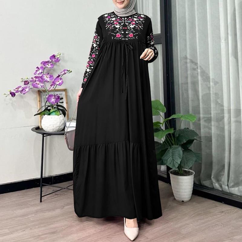 

ZANZEA Women Casual Round Neck Long Sleeve Loose Floral Print Maxi Dress L чёрный