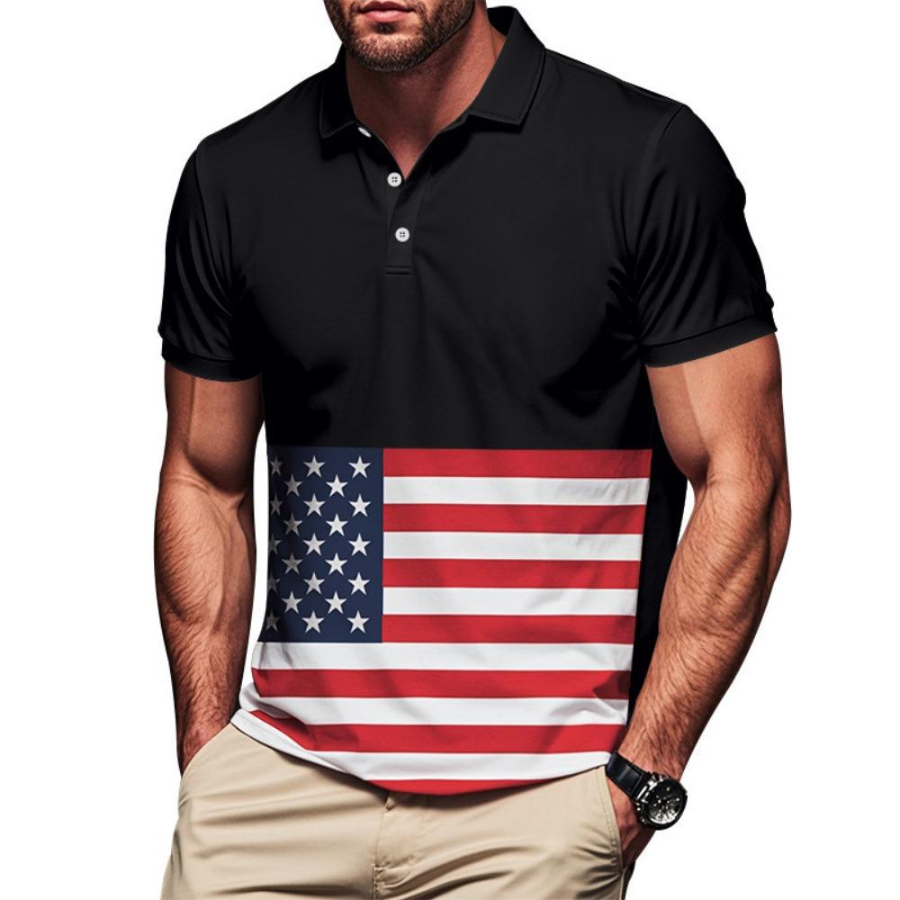 American Style Hot Selling Summer New Men s Casual Digital Printed Lapel Short Sleeved Polo Shirt Top S чёрный
