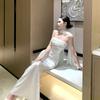 White dress women's high-end French evening dress heavy industry sequined satin tube top hip birthday skirt