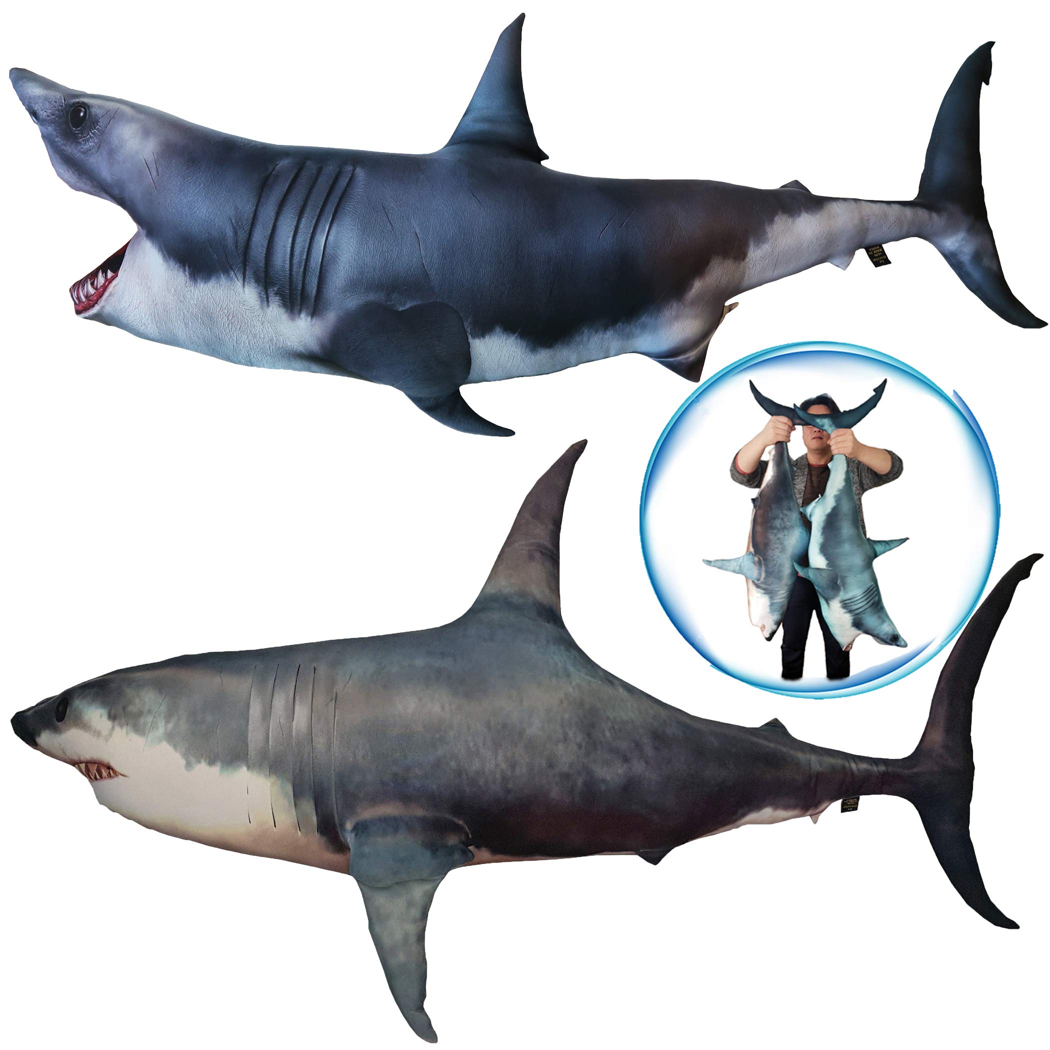 

fish&fancy Общая длина 100 см Суперреалистичная подушка-обнимашка в виде большой белой акулы, мягкая игрушка-акула (с укусом)