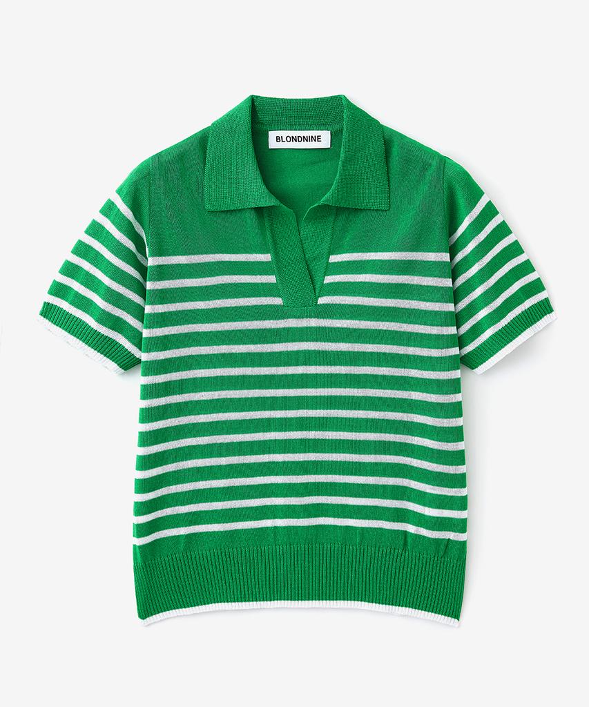 BLOND9 Cool Stripe Collared Short Sleeve Knit_Green