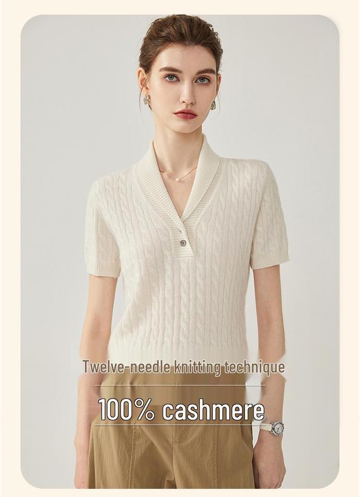 Kochi Women's V-Neck Plaid Knit Short-Sleeve Top - 2026 Summer Collection, High-End Casual Style with Lapel