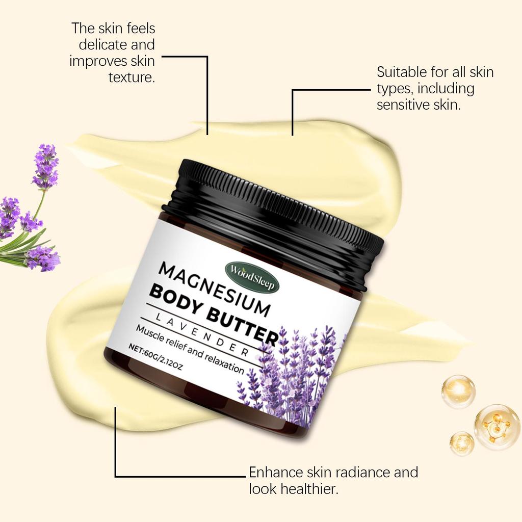 Lavender Magnesium Body Butter - en återfuktande kräm lämplig för torr hud, som avger en avslappnande doft, mild och icke-fet.