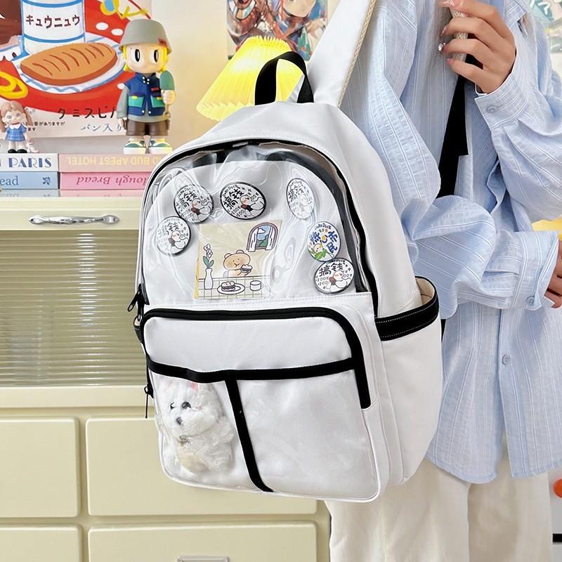 Backpack Simple Student With Transparent Compartments And Pendant Badges