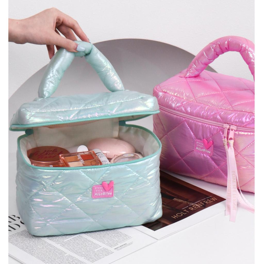 Glossy Waterproof Large Capacity Travel Storage Bag, Diamond Quilted Handheld Makeup Bag, Divided Waterproof Travel Wash Bag