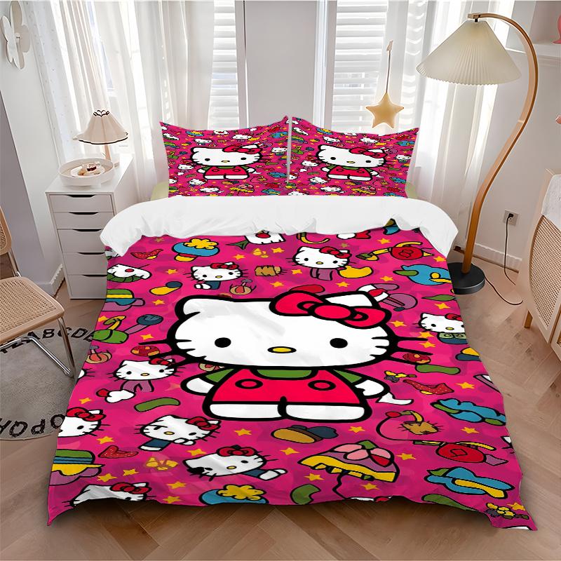 3pcs Pink Hello Kitty's Printed Quilt Set - Includes 1 Quilt Cover and 2 Pillowcases, Machine Washable - Suitable for All Seasons.S071