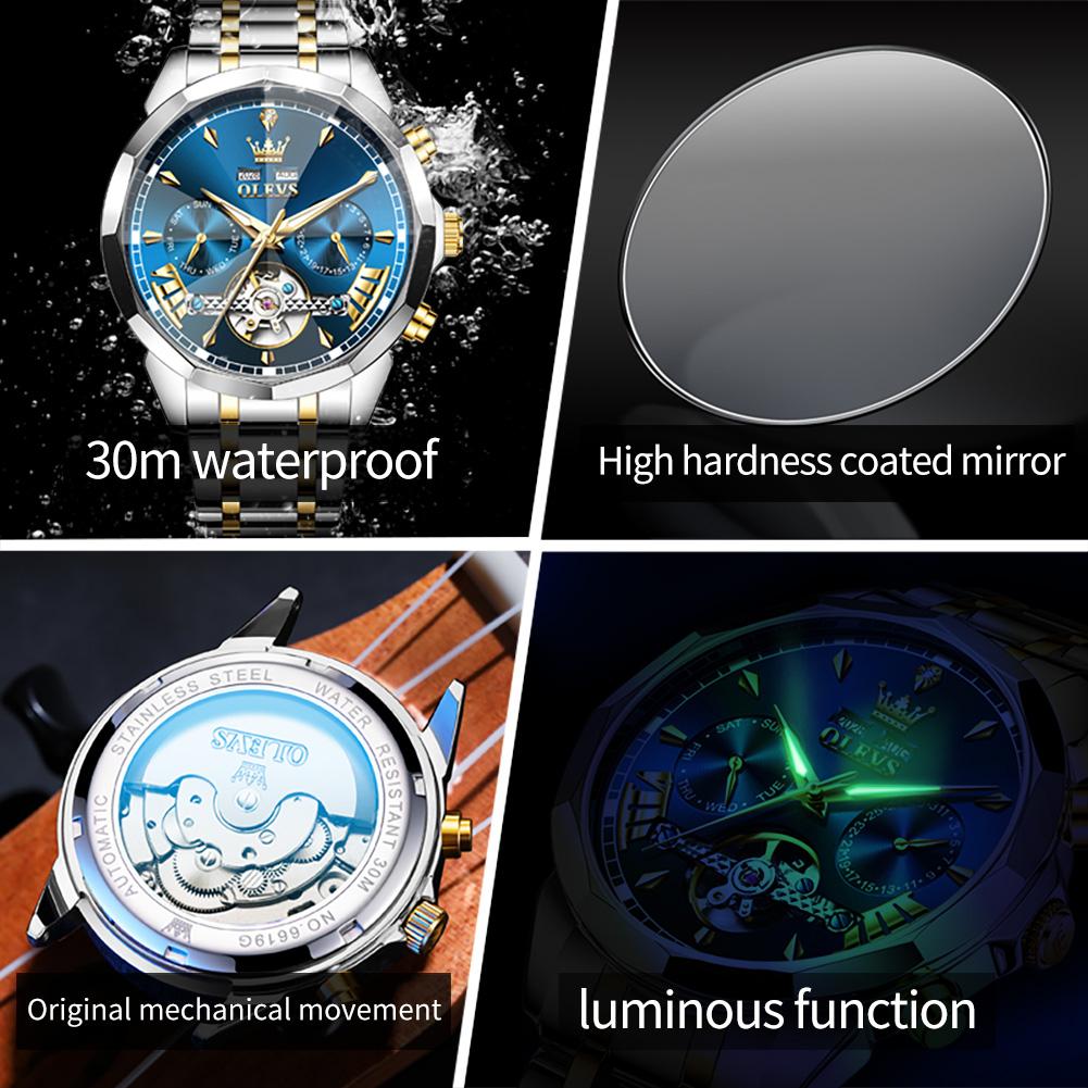 OLEVS 6619 Original Hollowed Automatic Watch Fashion Diamond Shaped Glass Skeleton Multifunctional Mechanical Wristwatch for Men
