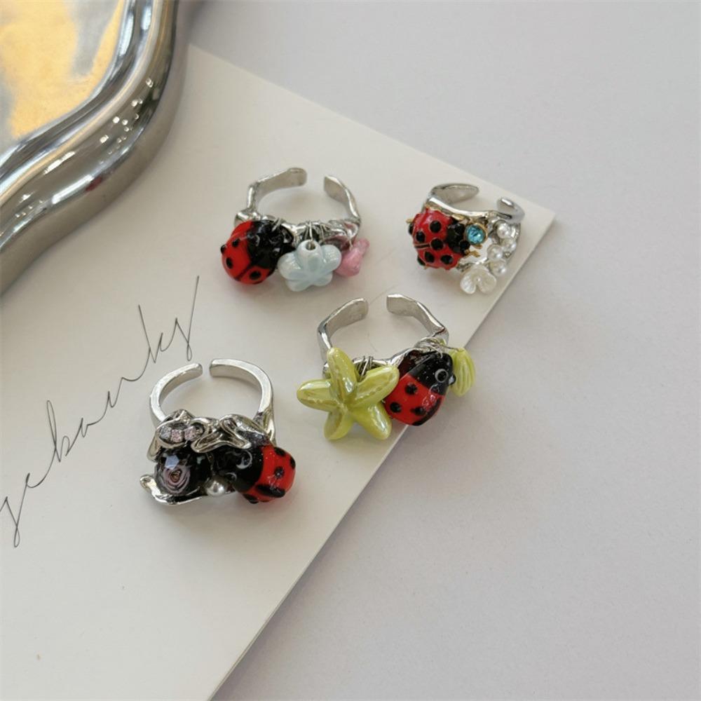 Rhinestone Chunky Enamel Ring Geometric Painting Ring Cute Insect Drip Oil Ring  Party