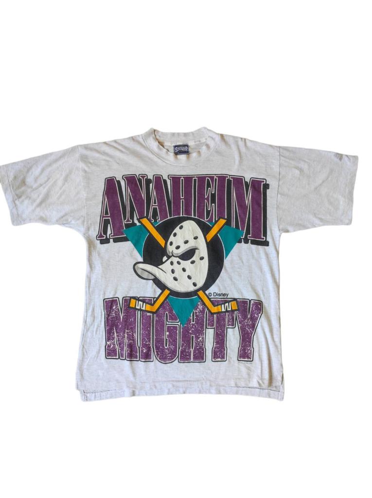 90s Vintage anaheim mighty ducks ALL over print shirt NHL Ice Hockey Disney Anaheim Duck Tee