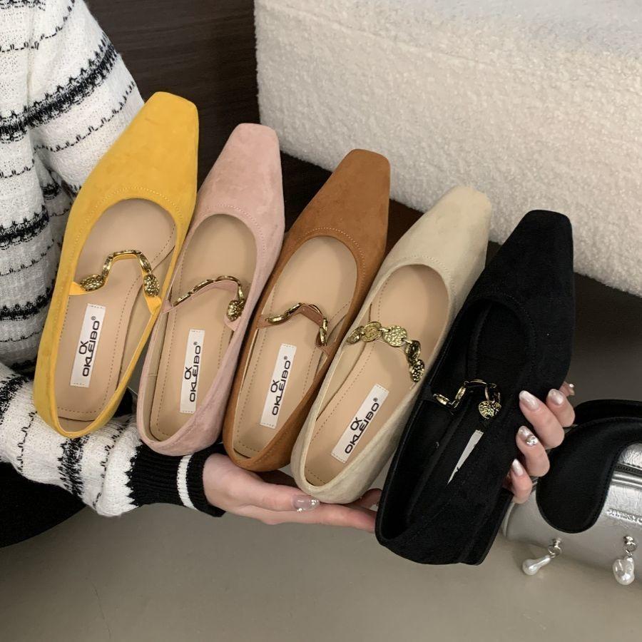 French single shoes Korean temperament with small leather shoes women's metal chain square head shallow mouth high-end Mary Jane shoes