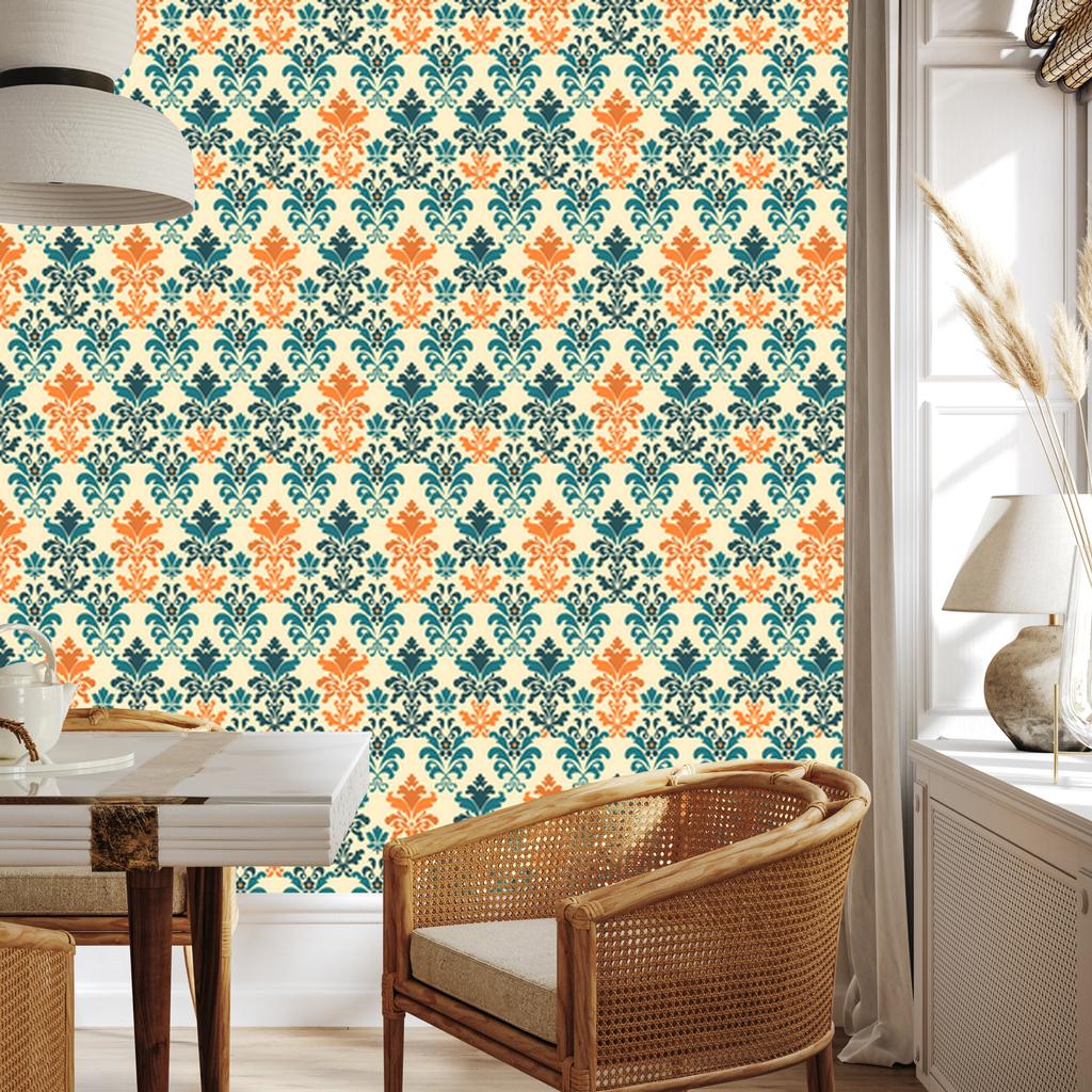 Baroque Damask Wallpaper Cream and Green for Living Room and Bedroom 50x1000