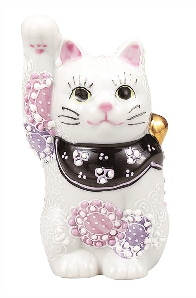 Nakamaru  Kutani Ware  3.2-inch Maneki-neko (beckoning cat) - Hana-murasaki (Purple Flower) K9-1526