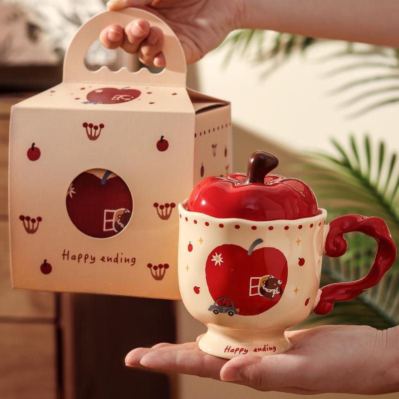 Birthday Gift for Girls, Christmas Apple Ceramic Mug, Couple Water Cup with Lid, Girlfriend's Souvenir Gift Box.