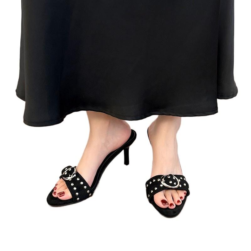 New Rivet Decor High Heels Sandals for Women Plus Size Metal Buckle Punk Slippers Summer Light Comfort Thin Heeled Party Sandals