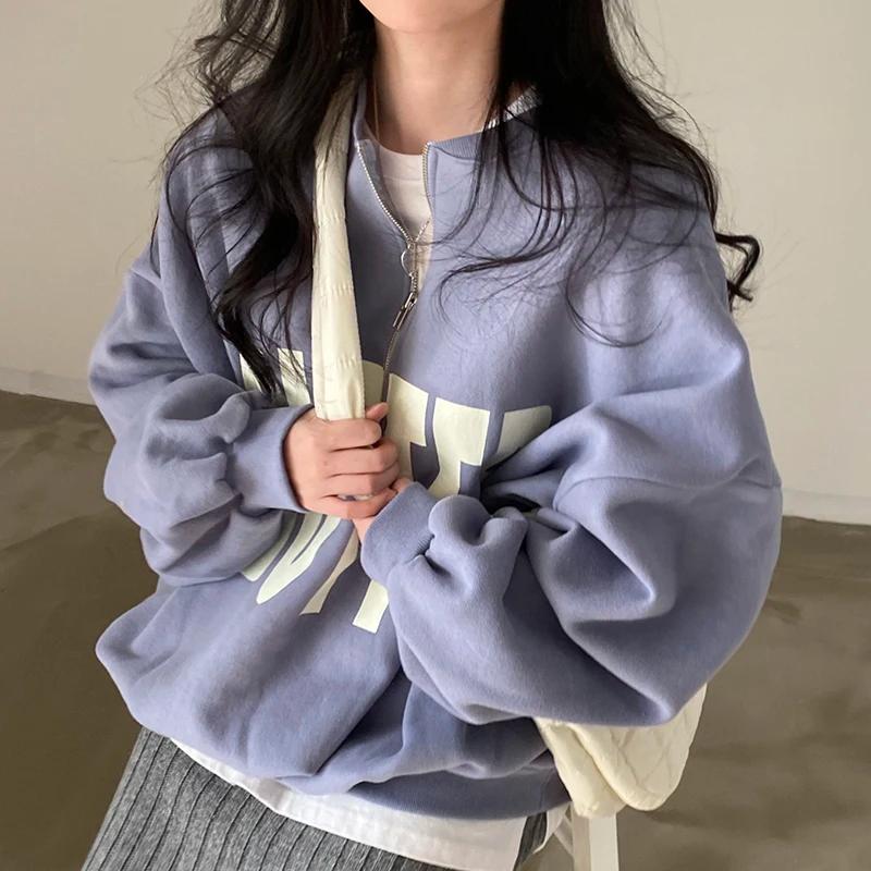 Koreanische Chic Y2k Lose Zip Up Pullover Frauen Herbst Dicken Stil Casual Brief Drucken Kleidung Neue Harajuku High Street Solide tops