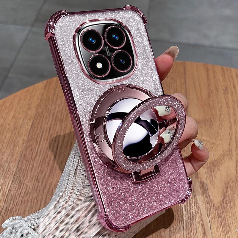 Glitter Shockproof Silicone Case For Xiaomi Redmi 14C Note 14 Pro Plus 4G 5G Note 14S Mirror Magnetic Holder Stand Soft Cover