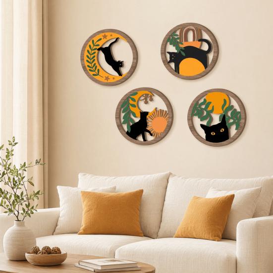 3D Cat Wall Decor 4Pcs Boho Decoration, Round Wooden Hangings, Animal Star Sun Moon Crescent Botanical Decor, Layered Wood Plaque for Living