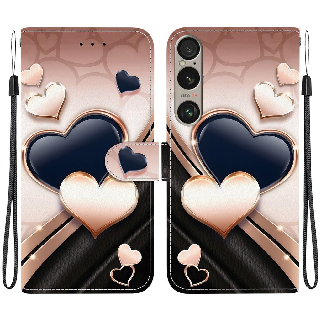 Handmade PU Leather Flip Case for Sony Xperia 1 VI Anti-Slip Shockproof Cover with Wrist Strap & Heart/Rose Cat Designs