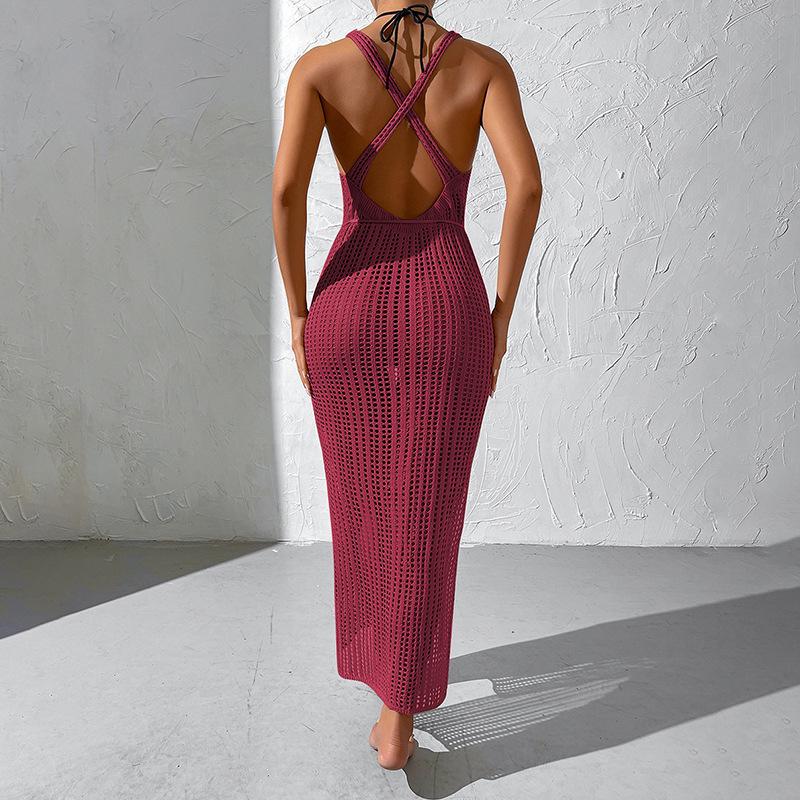 European Style Holiday Beach Knit Cover-up Dress - Backless and Hollow Out Design for Women, 2026