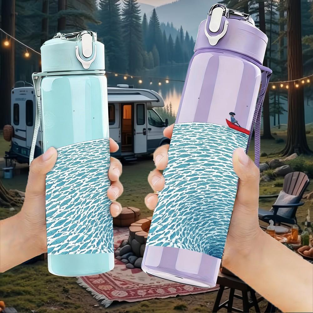 1PC Small Boat On Blue Sea Wave Print 750ml Color Plastic Sports Water Bottle Leakproof Flip Straw Lid Suitable for Sports Office Home Use