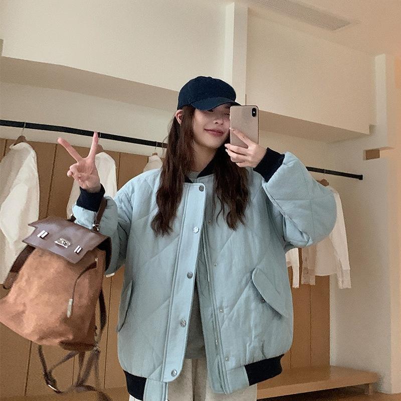 Lingge Baseball Uniform Cotton Jacket for Women Winter New Korean Style Loose and Super Good-looking Quilted Jacket