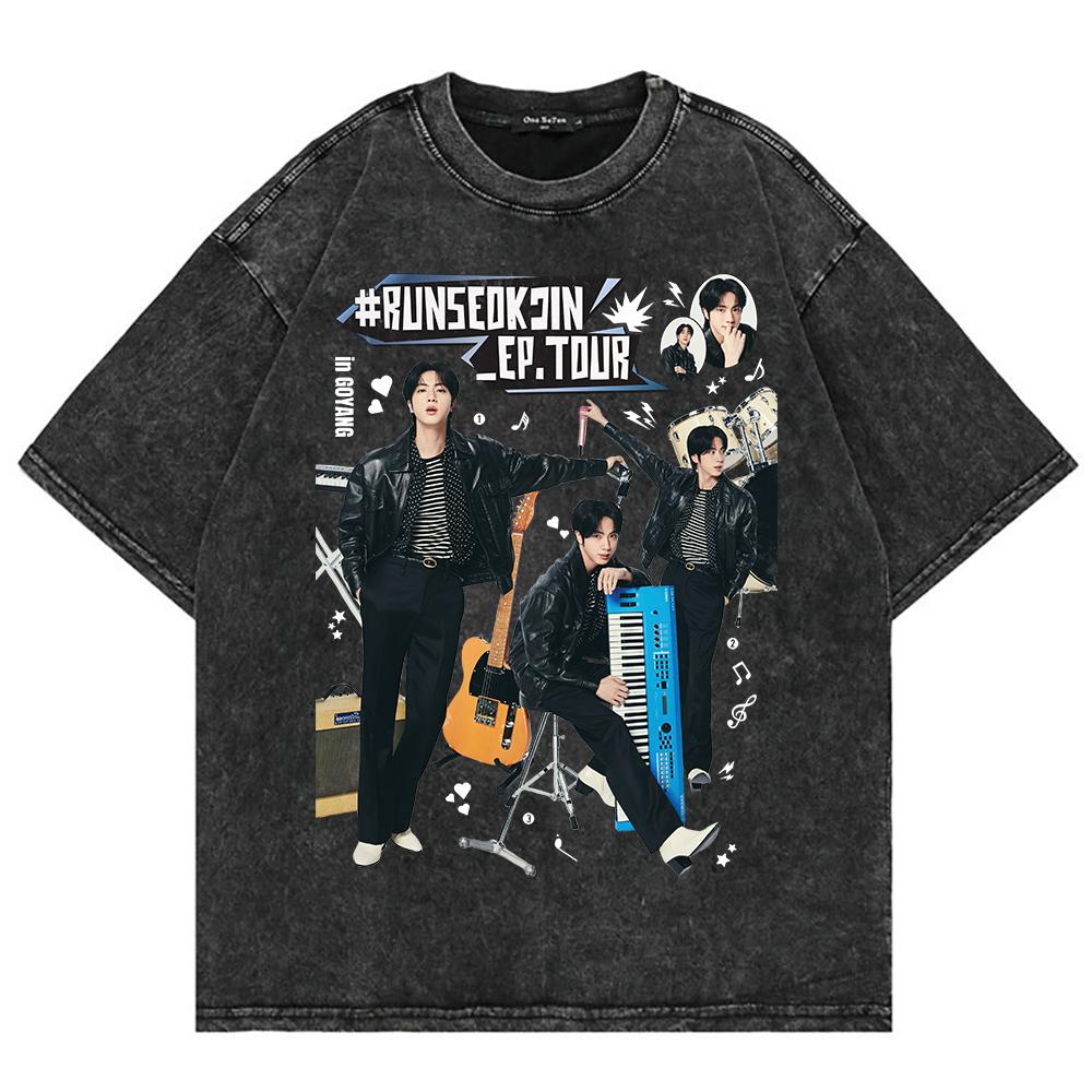 100% Cotton Vintage Washed Jin Runseokjin EP Tour 2025 T Shirt Fashion Men/Women New Album Echo Acid Wash Oversize Tees Shirts S