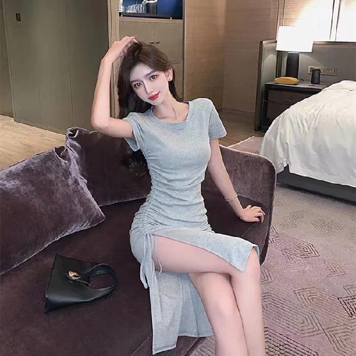 

Новое летнее платье с кулиской и разрезом, подчеркивающее темперамент, для женской талии, средней длины, облегающее бедра 2XL серый