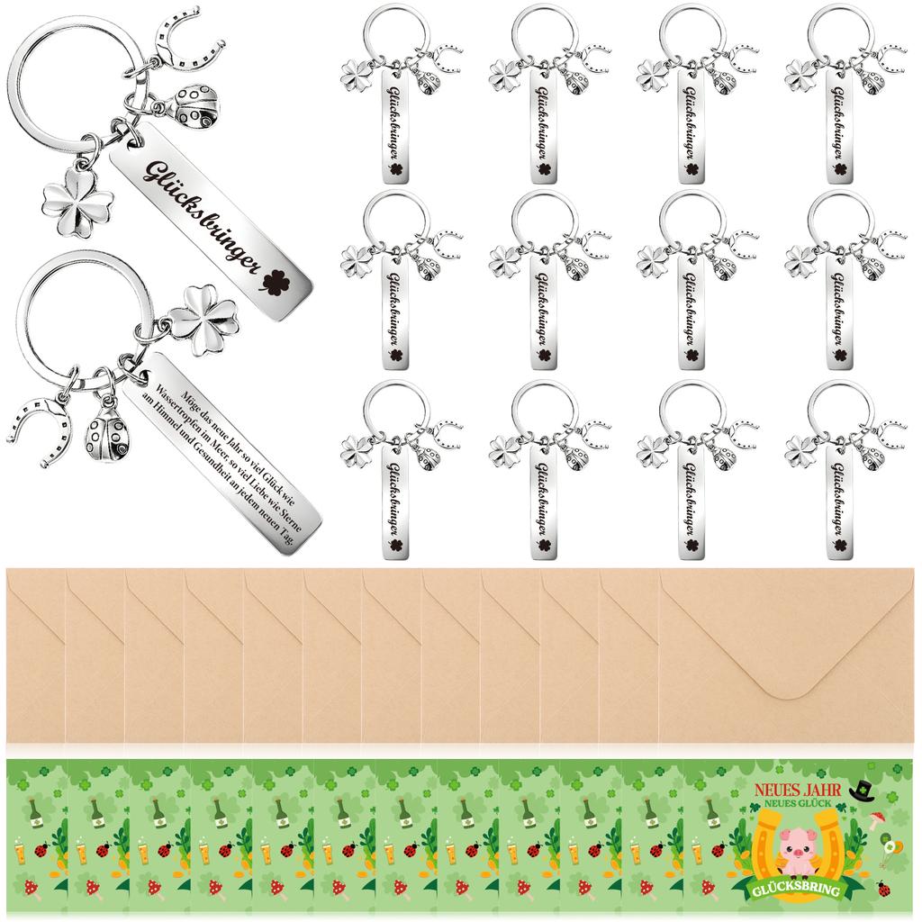 12 Clover Leaf Key Ring Lucky Charm Cards Envelopes Stickers