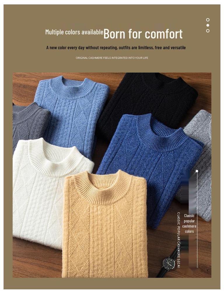 Men's Cashmere Cable Knit Sweater - Autumn/Winter 2025, Loose Fit, Semi-High Neck, Gentle Style