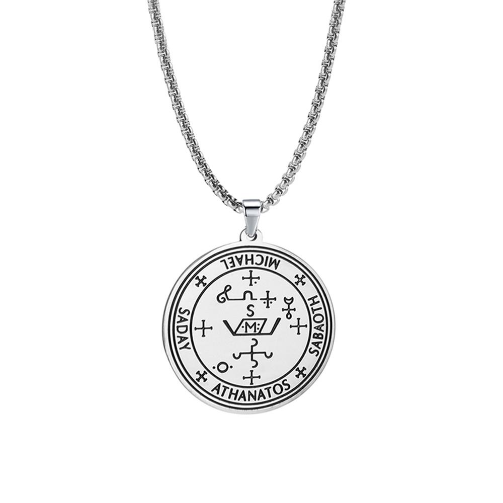 Stainless Steel Seal of Archangel Michael Necklace Protection Talisman Athanatos Sabaoth Occult Amulet Charm Jewelry 60cm