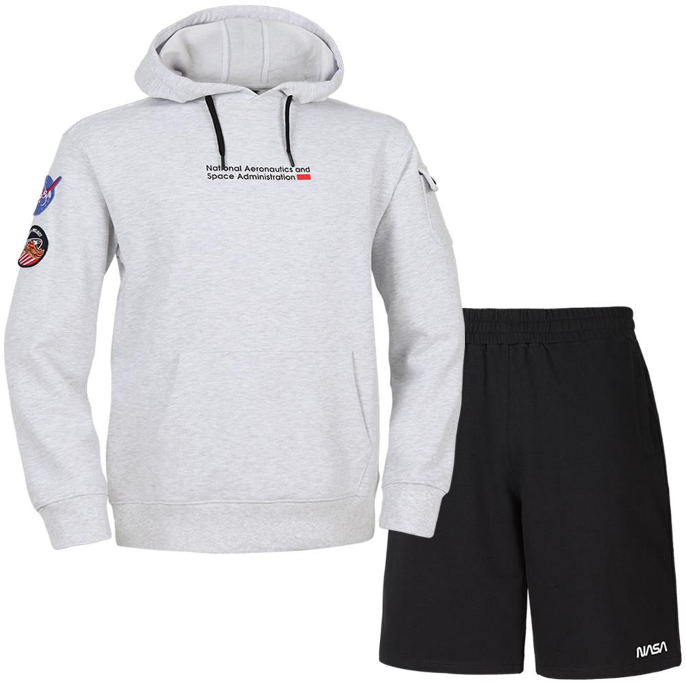 Nasa Unisex Standard Sweatshirt With Wappen Hoodie + Knee-Length Cotton Shorts Set [Melange White + Black] 95