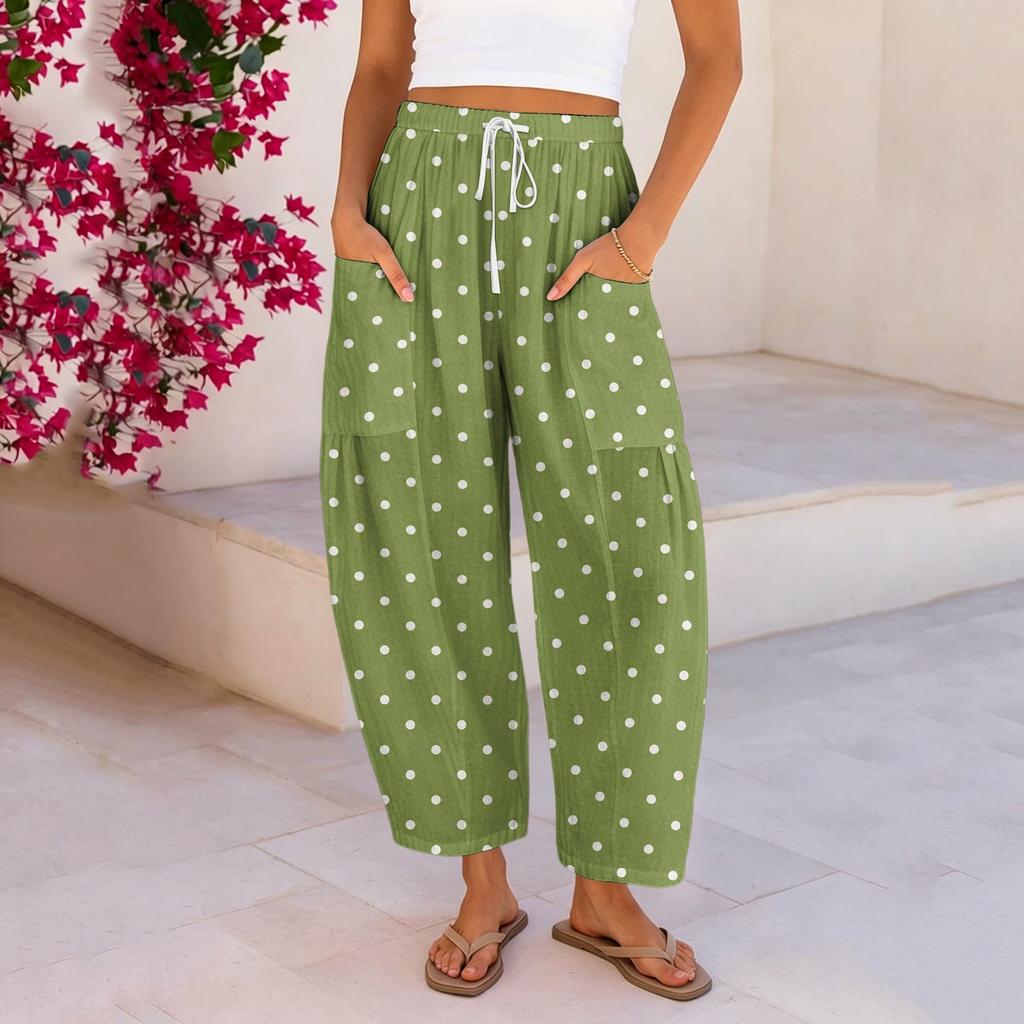 Damen Plus Size Freizeithose, Hoher Bund Lockerer Schnitt mit Taschen, Gepunkteter Druck
