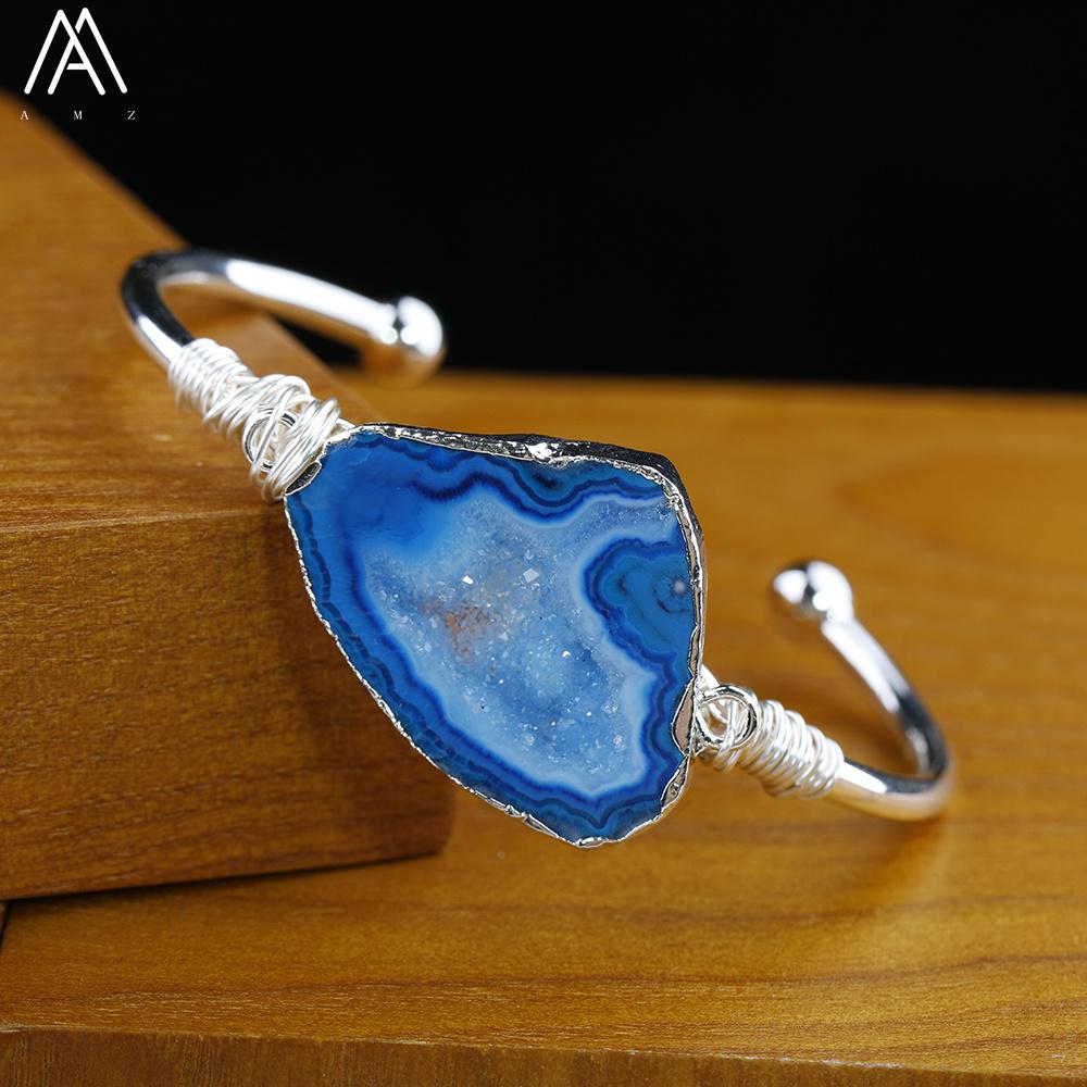 Silver Copper Wire Wrapped Agate Geode Stone Open Cuff Bracelet For Women Druzy Drusy Bracelet Handmade Jewelry Gift Dropship