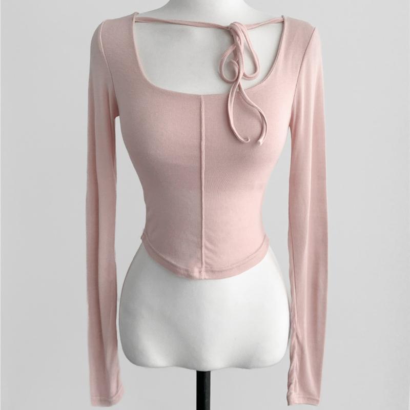 Korean Dongdaemun Slim U-Neck Lace-Up Long Sleeve Cropped T-Shirt One Size розовый
