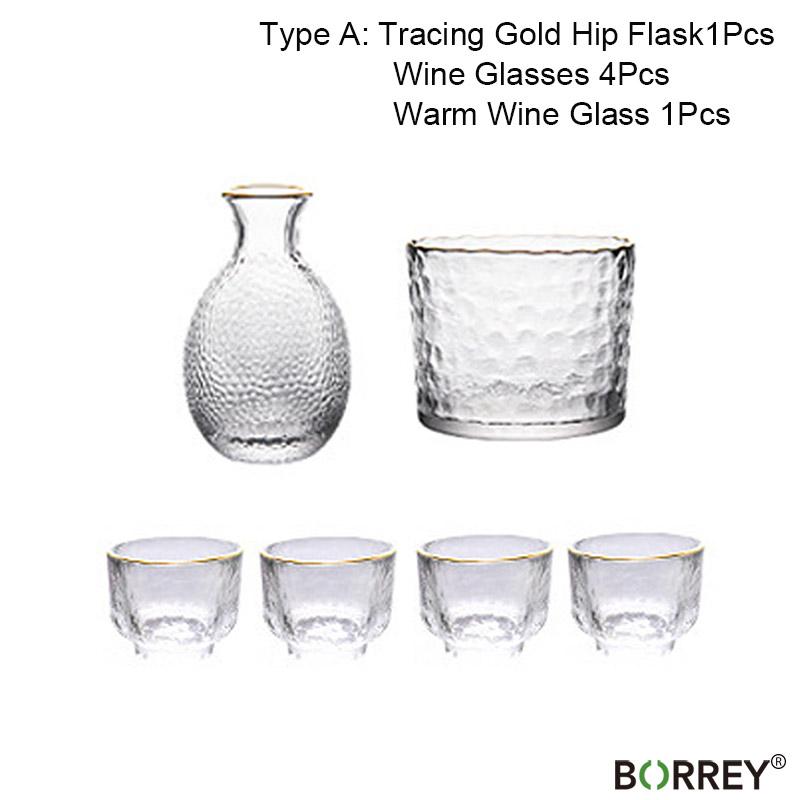 BORREY Japanese Sake Set Glass Tracing Gold Wine Flasks Wine Glass Decanter Wine Set Ice Jug Flagon Liquor Spirits Shochu Cups