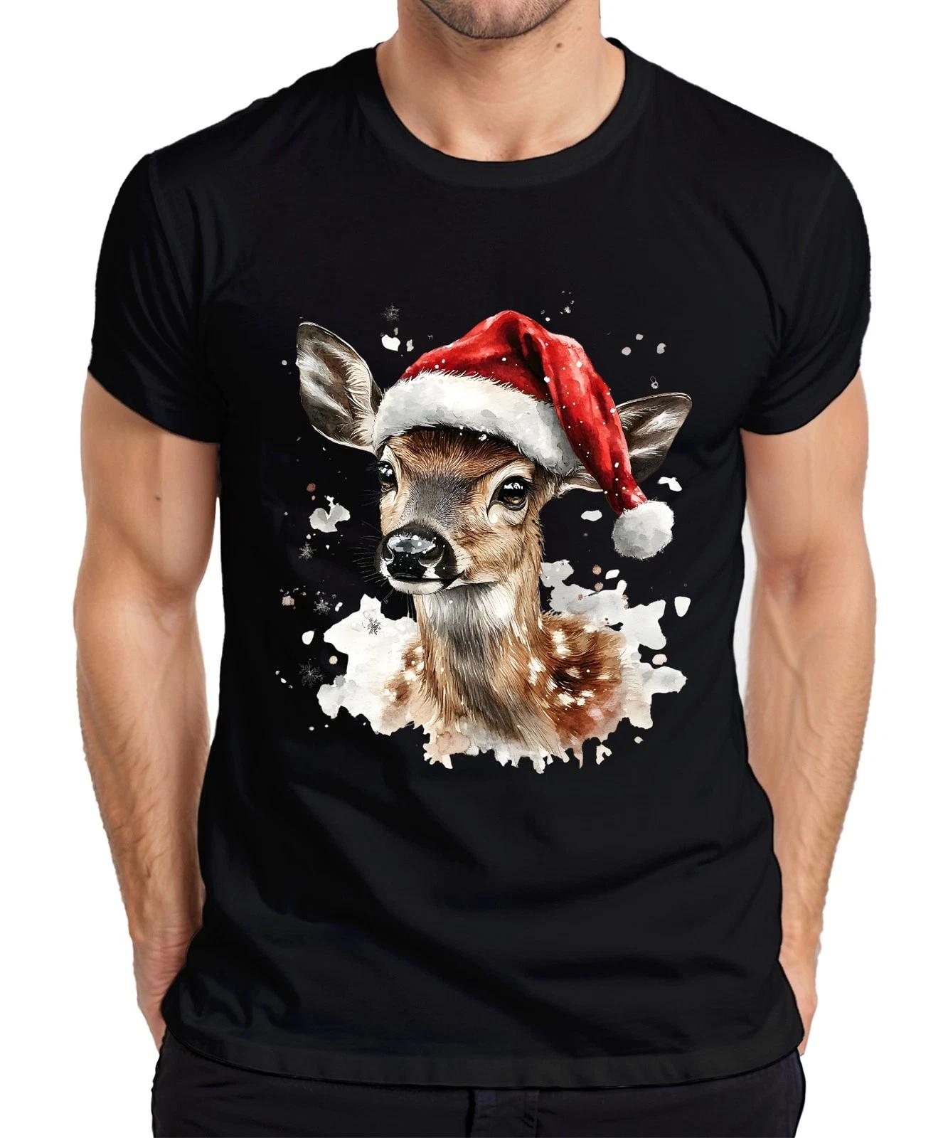 Christmas Fawn Watercolour Santa Cute Winter Gift Mens T-Shirt- 4XL