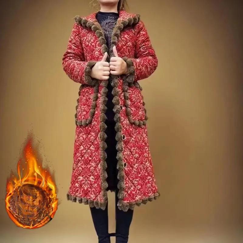 Dlouhá módní vatovaná bunda s plusovým sametem Dámská zesílená vatovaná bunda pro střední věk Zimní teplá vatovaná bunda