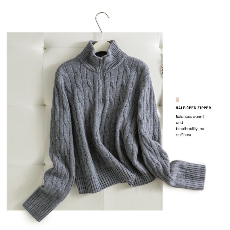 2025 Puyuan Autumn/Winter Wool Cable Knit Stand Collar Zip-Up Sweater for Women - Soft Texture