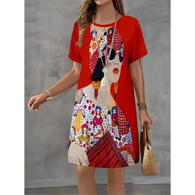 Fashionable and Unique Abstract Women's Multi-color Printed Dress, Summer Short-sleeved Round-neck Casual Mini Skirt