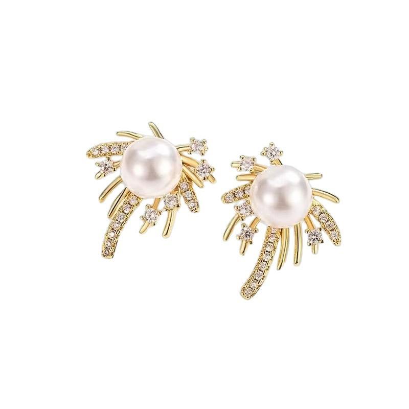 Korean Elegant Firework Pearl Stud Earrings - Exquisite Rhinestone Luxury Fashion Accessories for Women