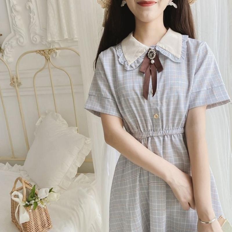 Girls' Fashionable Dress for Summer, Children's Doll-necked Pleated Checkered Chiffon Dress