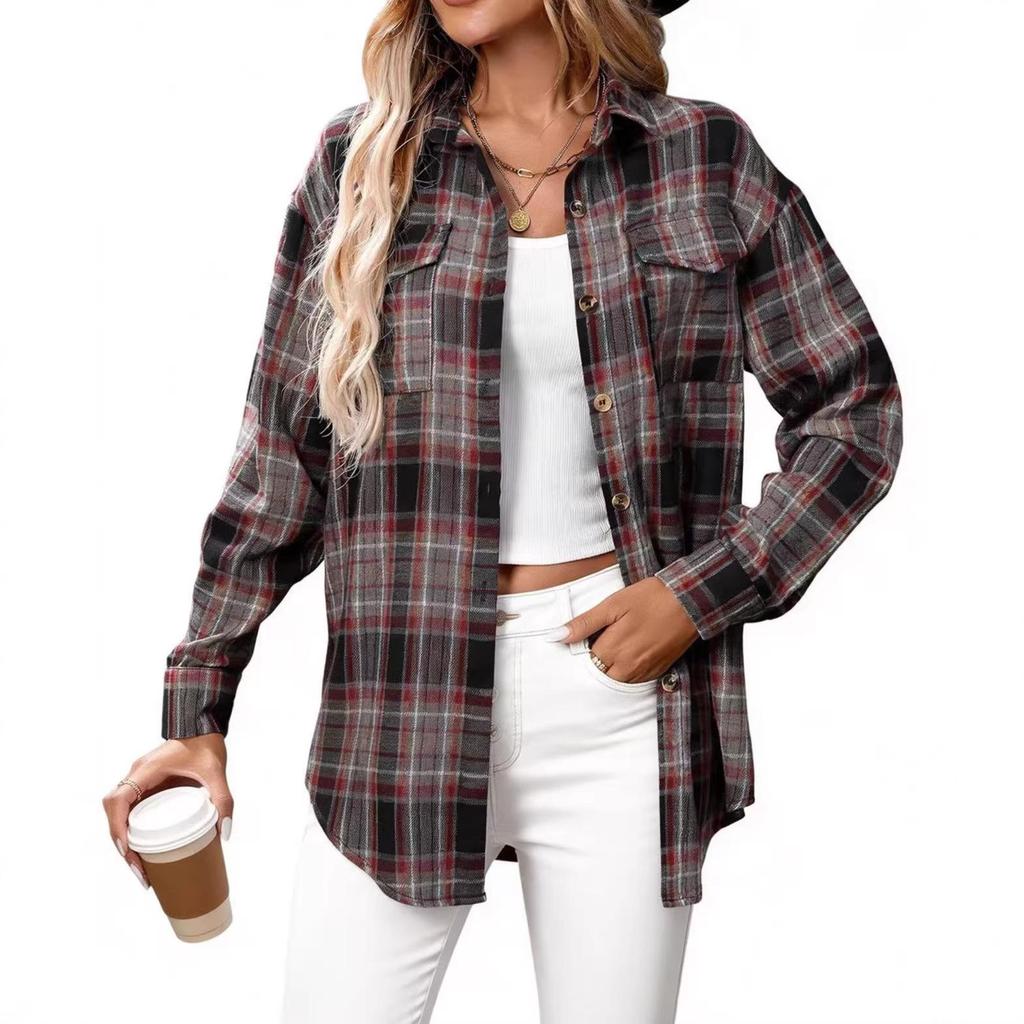 European & American Women's Casual Plaid Pocket Shirt – Autumn Winter 2025 Collection