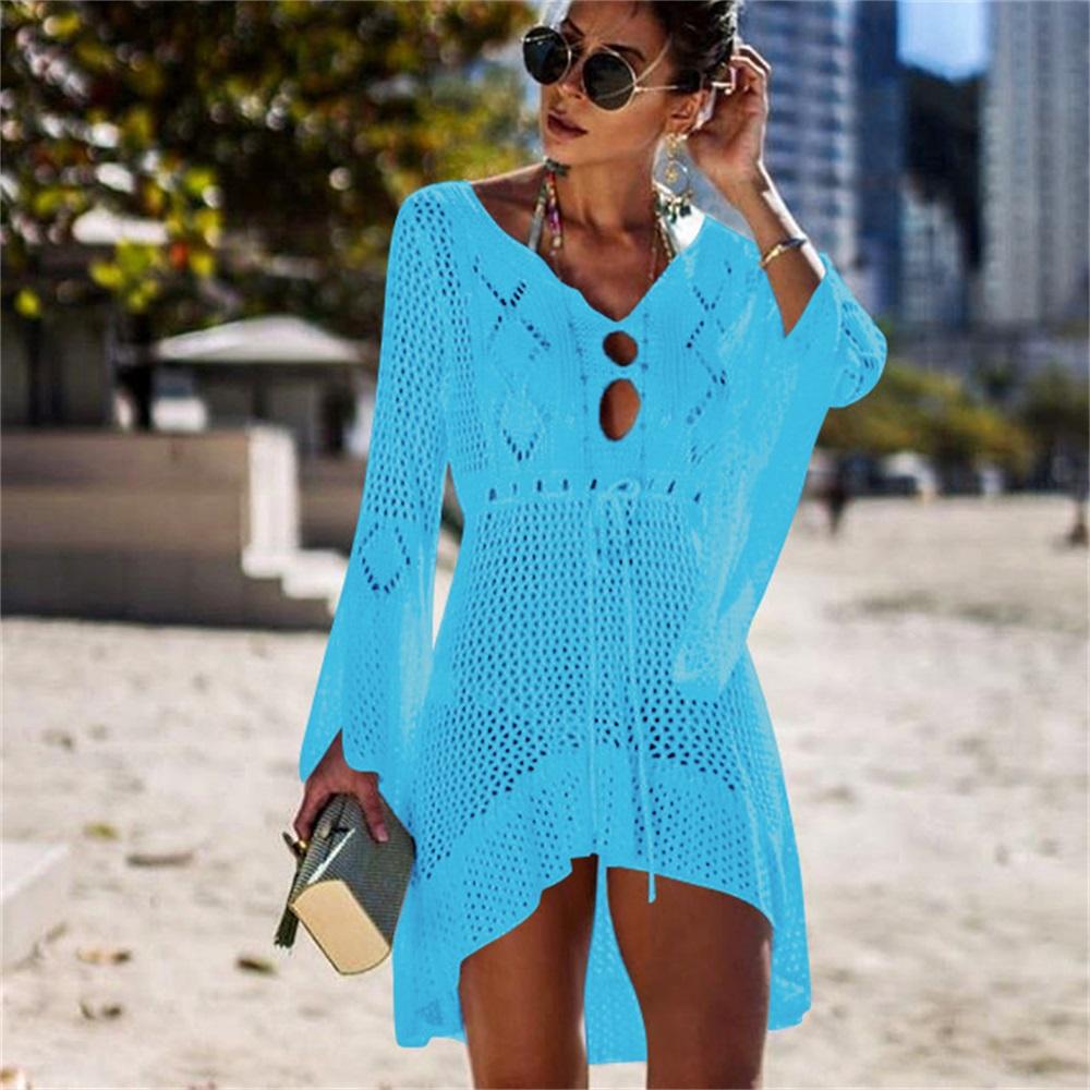 2025 New Beach Cover Up Bikini Crochet Knitted Tassel Tie Beachwear Summer Swimsuit Cover Up Sexy See-through Beach Dress