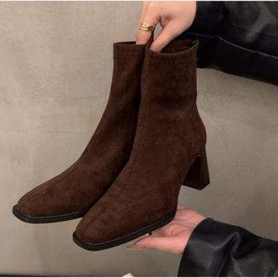 Fashion Vintage Women Ankle Boots 2025 Fashion Square Toe Thick High Shoes Autumn Winter New Ladies Elegant Stretch Slim Short Booties