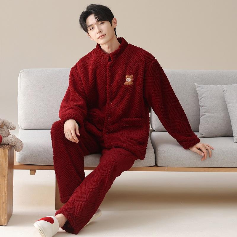 Pajamas Wedding Newlywed Couple Suit Autumn And Winter Coral Fleece Thickened Warm Natal Year Wedding Red Loungewear